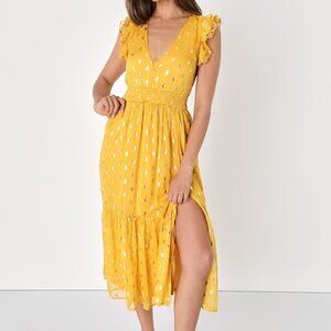 Cause to Celebrate Yellow and Gold Dot Ruffled Tiered Midi Dress